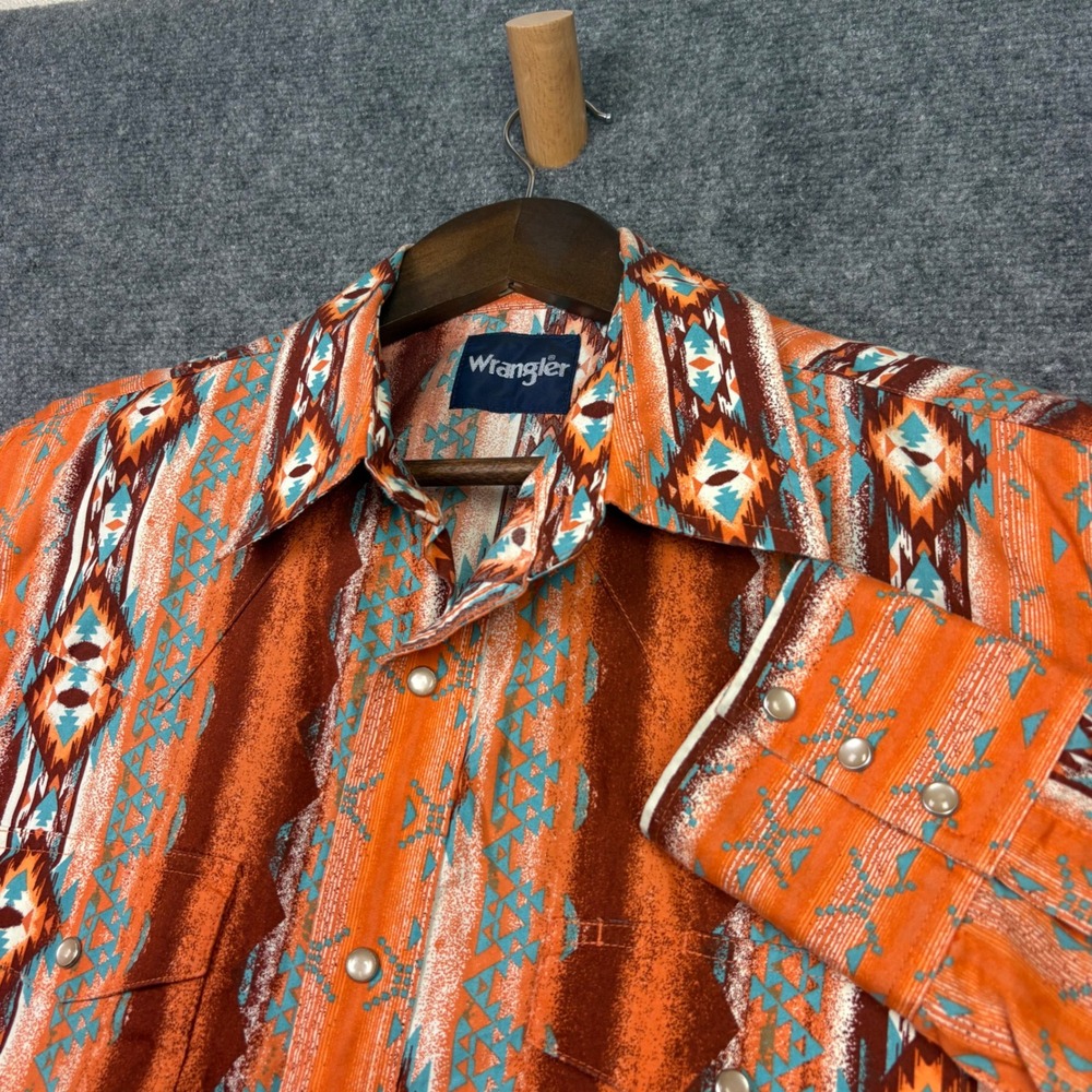 Wrangler Western Snap Shirt Mens Large Orange Aztec Southwestern Pearl Snap L